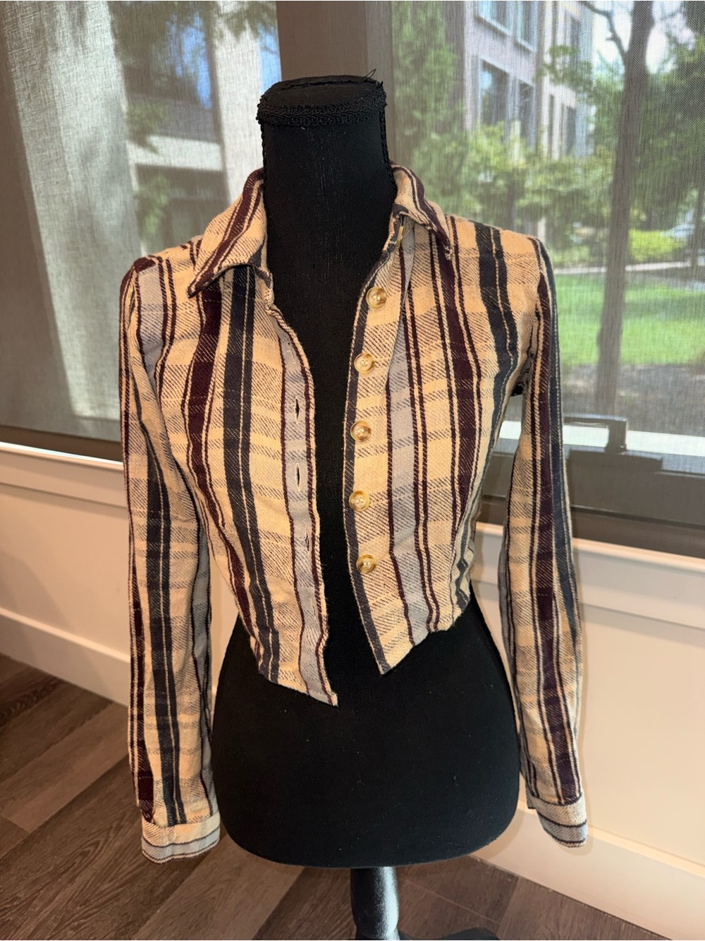 Urban Outfitters Cropped Striped Button-Up Jacket in Cream, Brown & Black